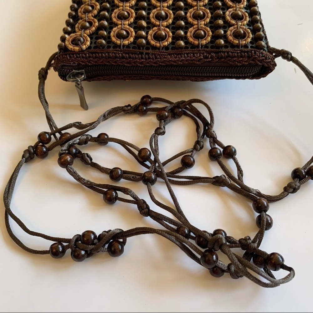 Handmade Wood Beaded Bag Floral Top Zip Mini Crossbody - Picture 8 of 15